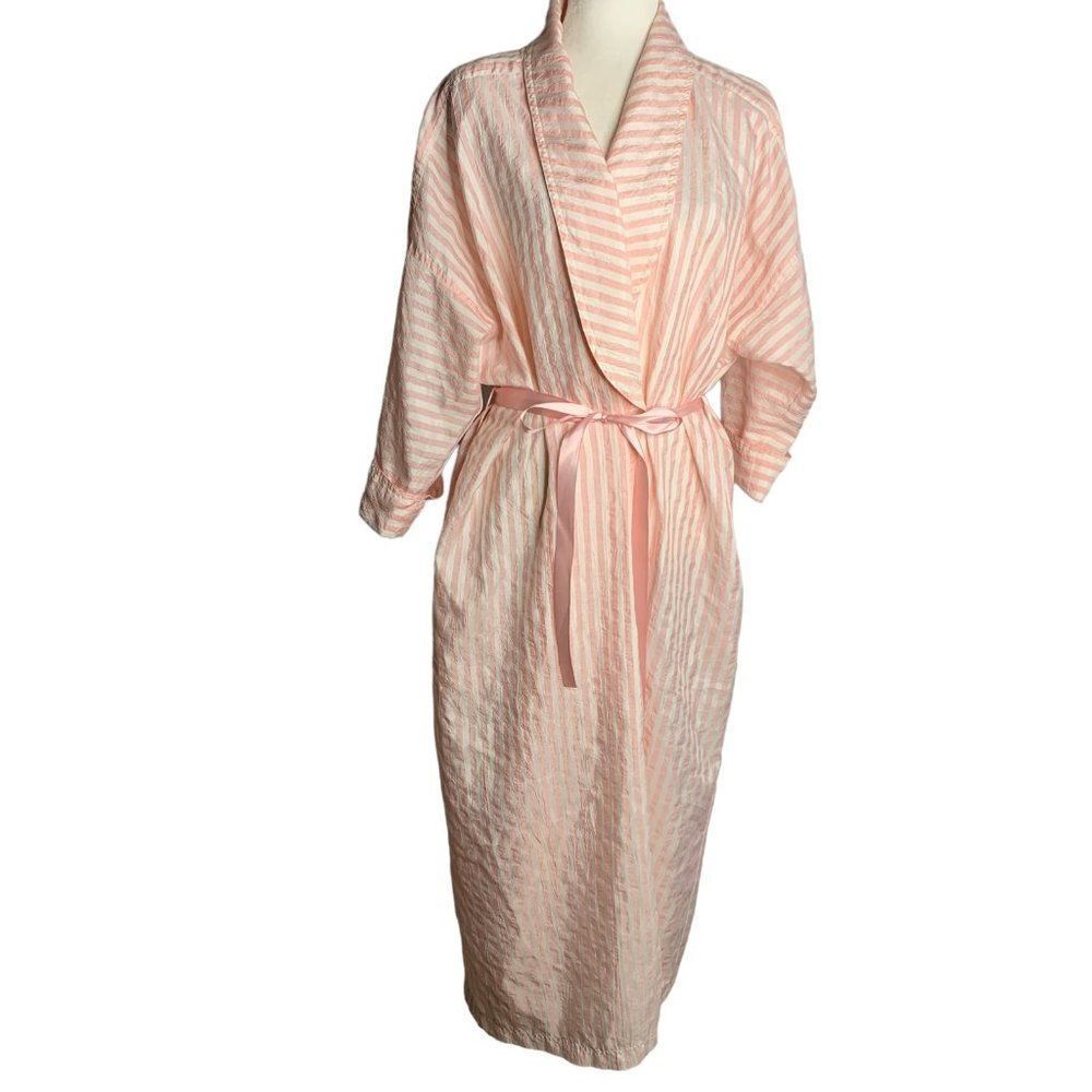 Vintage 80s Full Length Lightweight Robe M Pink Striped Saks Fifth Avenue